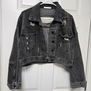 12th Tribe Black Denim Distress Rhinestone Jacket